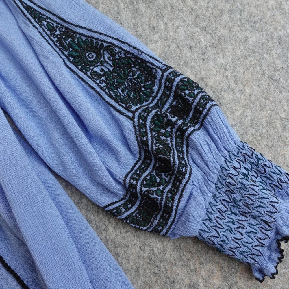 Free People Embroidered Tunic Mini Dress XS Blue Wind Willow Boho Tassel Peasant